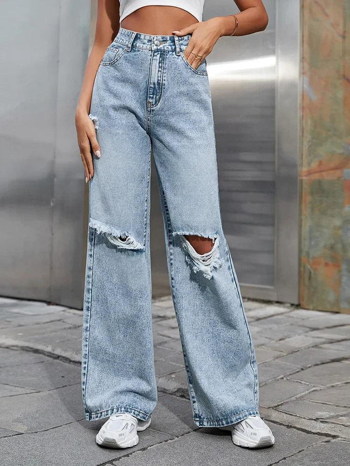 2023 Fall High Waist Straight Women's Ripped Jeans Women New Blue Denim Trousers Fashion Streetwear Wide Leg Baggy Pants Casual-THAT FASHION STORE