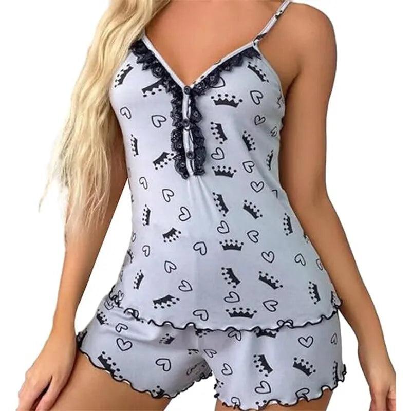 Sexy Summer Two Pieces Women Pajamas Set Deep V-Neck Tops And Shorts Pajama Suit Ladies Sleeveless Nightwear For Female-THAT FASHION STORE