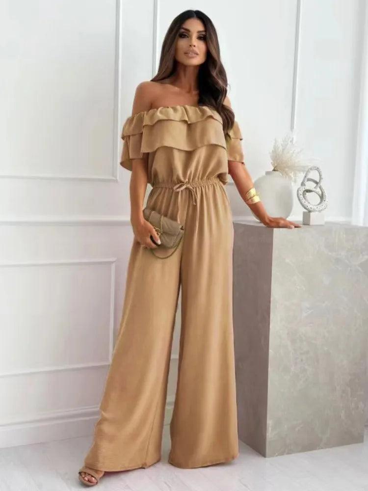 New Fashion Women's Solid Color Jumpsuit Ladies Casual off-the-Neck Short Sleeve Waist-Controlled Jumpsuit-THAT FASHION STORE