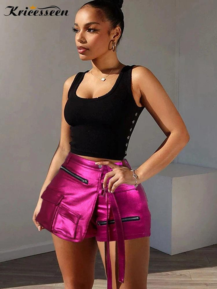 Kricesseen Trendy Half Wrap Faux Leather Shorts Fashion Pockets Details Zippers Metallic Shorts Festival Outfits Sexy Clubwear-THAT FASHION STORE