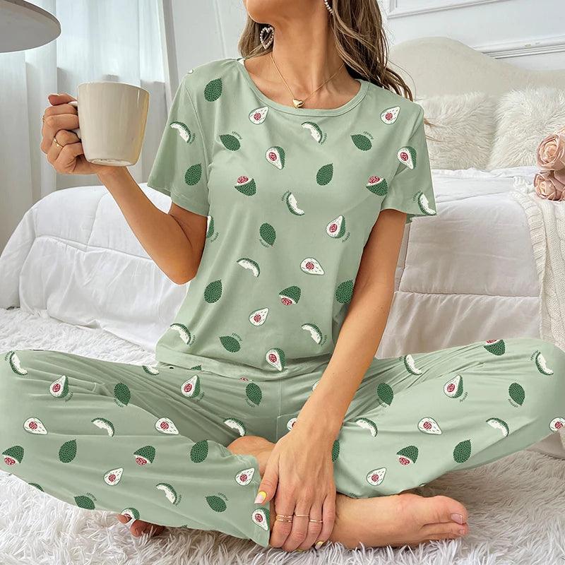 Womens Pajamas Sleepwear Set Soft Comfortable Short Sleeve Tops With Long Pants Pajama 2 Pieces Lingerie Women Home Clothes Suit-THAT FASHION STORE