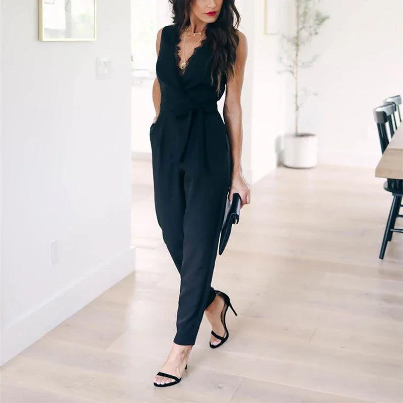 Customized Fashion Lace Women Jumpsuit With Belt Sleeveless Casual V-neck Solid Women Black Jumpsuits Fashion Female Pants-THAT FASHION STORE