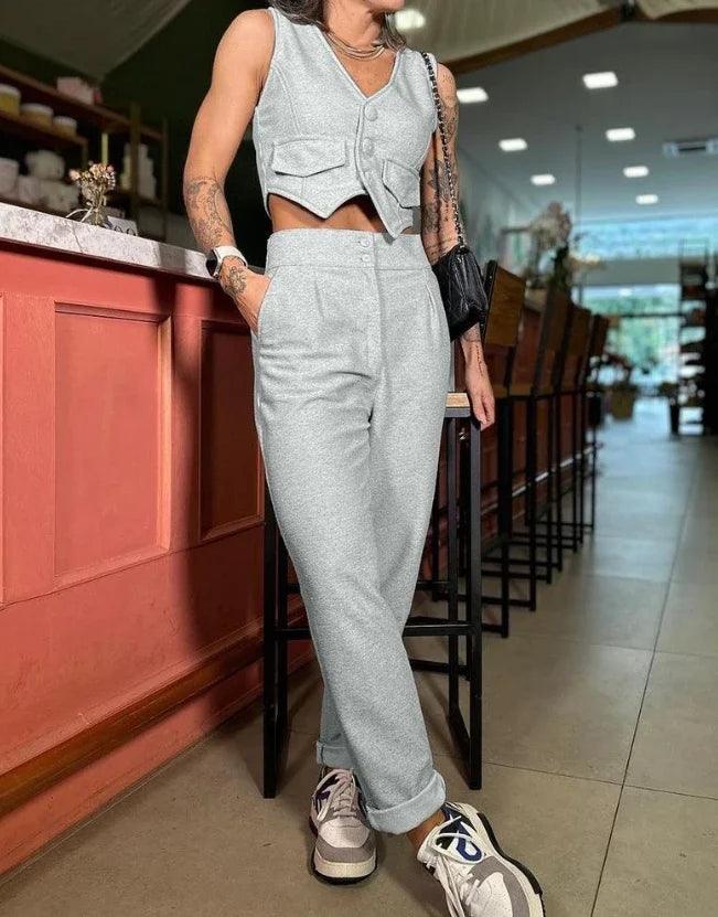 Two Piece Set Women Outfit 2024 Summer Fashion V-Neck Buttoned Sleeveless Vest Top & Casual High Waist Pocket Daily Pants Set-THAT FASHION STORE