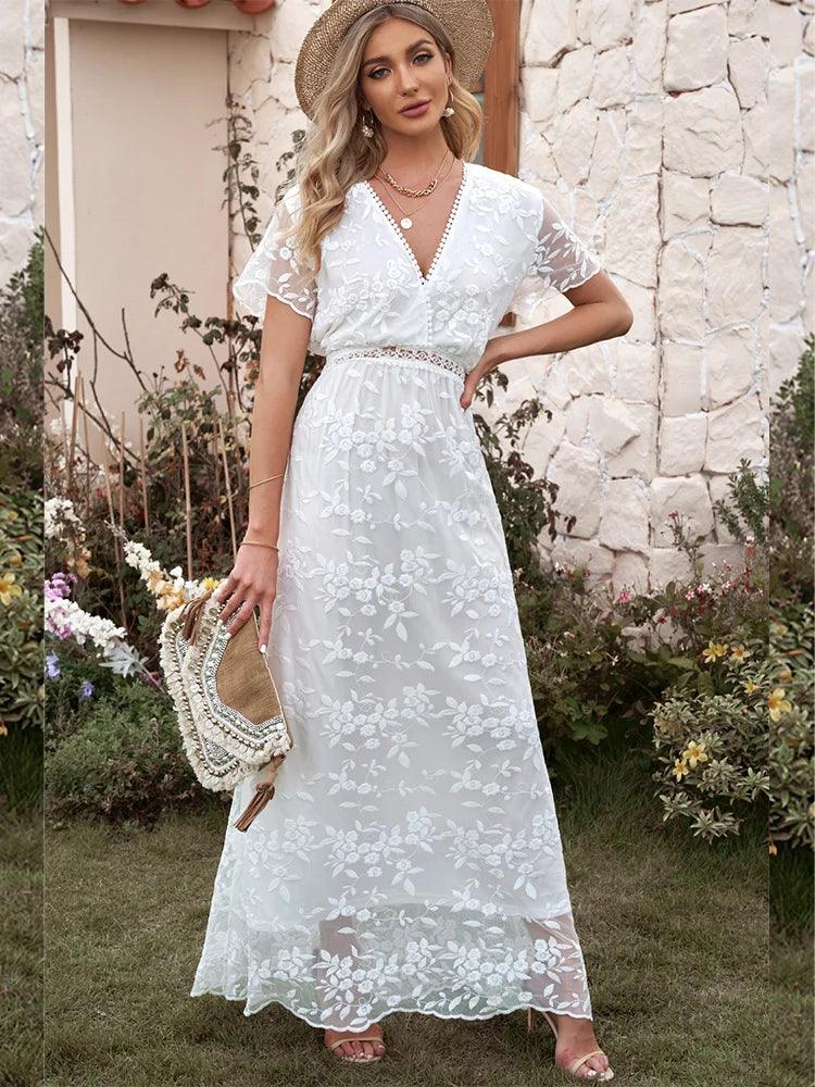 Embroidery Boho Long Dress Women Elegant Hollow Out Lace Holiday Beach Dress Female Fashion V Neck Short Sleeve Maxi Dress 2023-THAT FASHION STORE