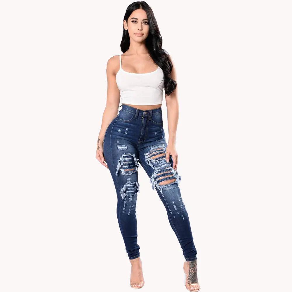 2023 Autumn High Waist Ripped Jeans For Women Fashion Stretch Skinny Denim Pencil Pants Casual Slim Trousers S-3XL-THAT FASHION STORE