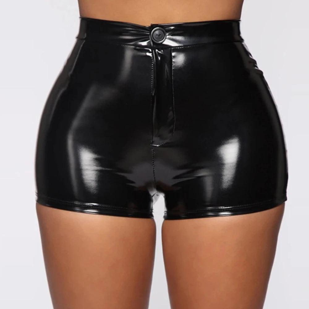 Women‘s Sexy Nightclub Costumes Skinny Shorts PU Leather Shorts High-Waist Solid Button Black Shorts Summer Wet Look Leather-THAT FASHION STORE