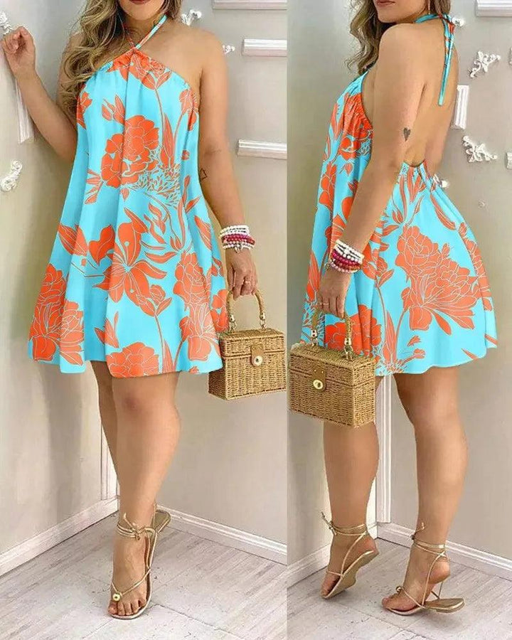 Tropical Print Halter Neck Dress, Vacation Style Backless Dress For Spring & Summer, Women's Clothing-THAT FASHION STORE