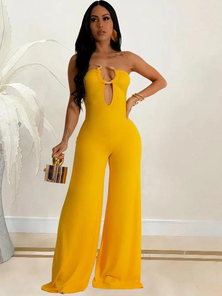 Beyprern Fashion Off Shoulder Snake Metal Jumpsuits One Piece Outfits Beautiful Strapless Hollow Out Wide Leg Rompers Overalls-THAT FASHION STORE