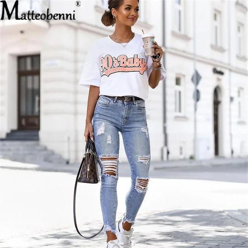 2024 New Summer Ripped Light Blue Jeans Women's Slim Knee Cut Hole Length Casual Pencil Pants Retro Jeans-THAT FASHION STORE