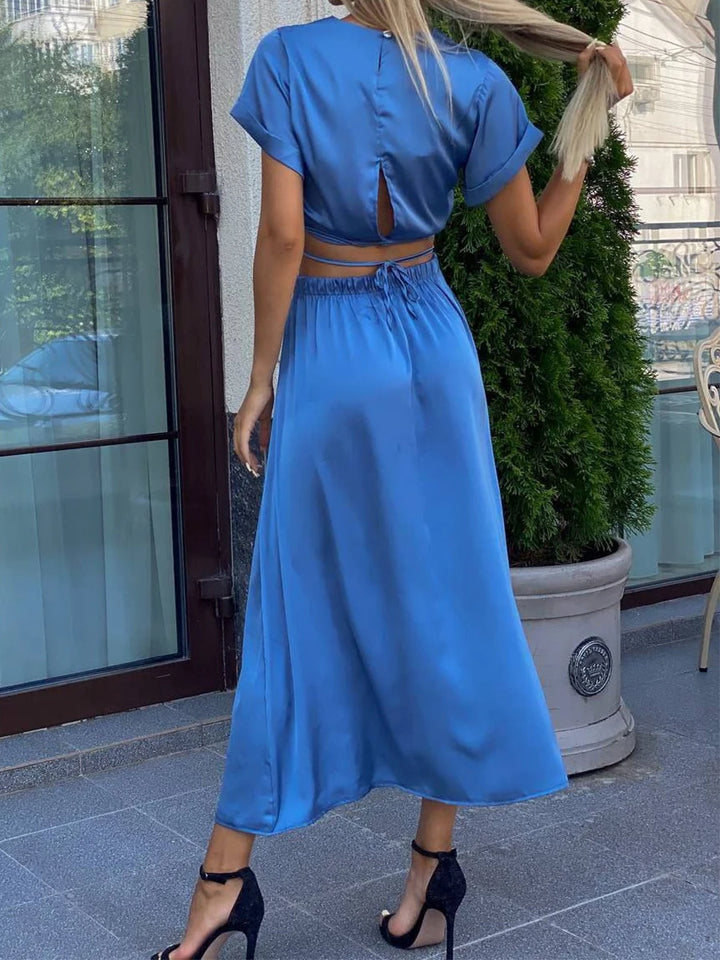 Chic Women's 2-Piece Satin Summer Outfit with Lace-Up Crop Top and Long Split Skirt - THAT FASHION STORE