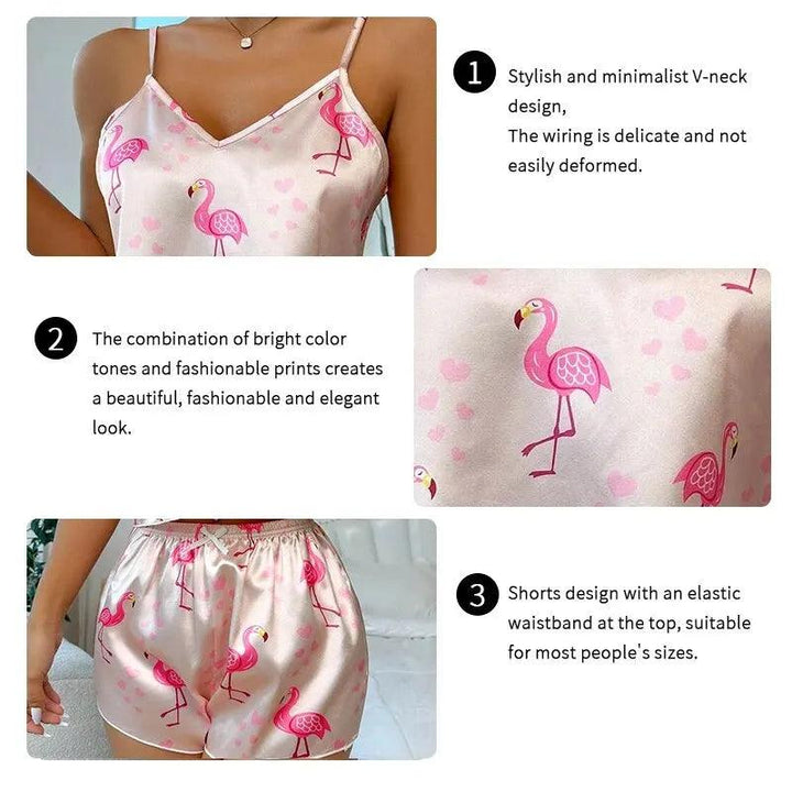 Women's Cute Flamingo Print Satin Pajama Set - V Neck Cami Top and Elastic Shorts for Comfortable Sleep and Lounging Homewear-THAT FASHION STORE