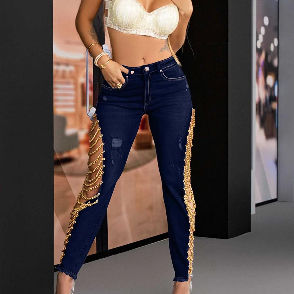 Women's Chain Jeans 2023 Spring Lace Stitching New Fashion Sexy Skinny Pants Pencil Pants Strech Jeans-THAT FASHION STORE