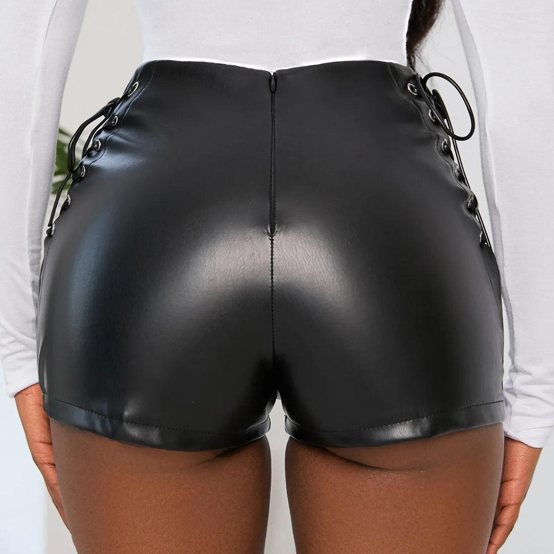 Sexy Black PU Fashion Casual Summer Shorts Women Faux Leather Lace Up Goth Club High Waist Shorts Y2K Slim Short Pants Ecoparty-THAT FASHION STORE