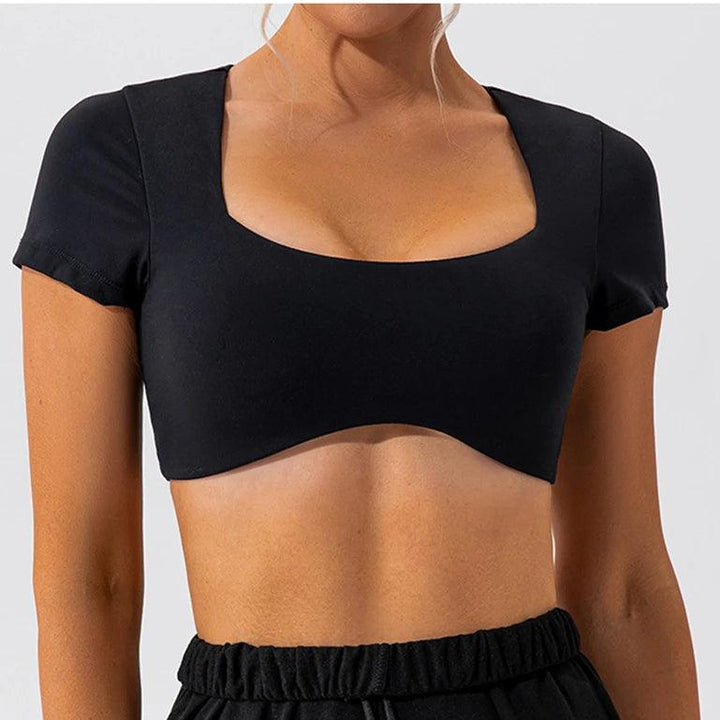 2024 Fitness Bra Short Sleeve Simple Shockproof Sports Curved Hem Yoga Shirt Slim Fit Crop Top Run Gym Shirts Women Active Wear-THAT FASHION STORE