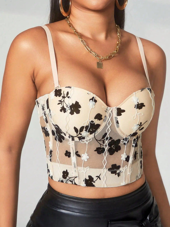 Sexy Female Floral Embroidered Bustier Transparent Tight-fitting Carnival Clubwear Corset Cami Strap Top-THAT FASHION STORE