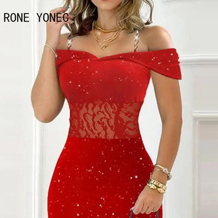 Women Glitter Lace Patch Chain Decor Straps Slash Collar Bodycon Mini Party Red Dress-THAT FASHION STORE