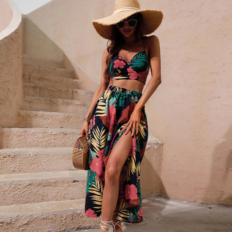 Y2K Floral Print Two-Piece Bikini Crop Top and Skirt Set for Women - Summer Boho Midi Dress - THAT FASHION STORE