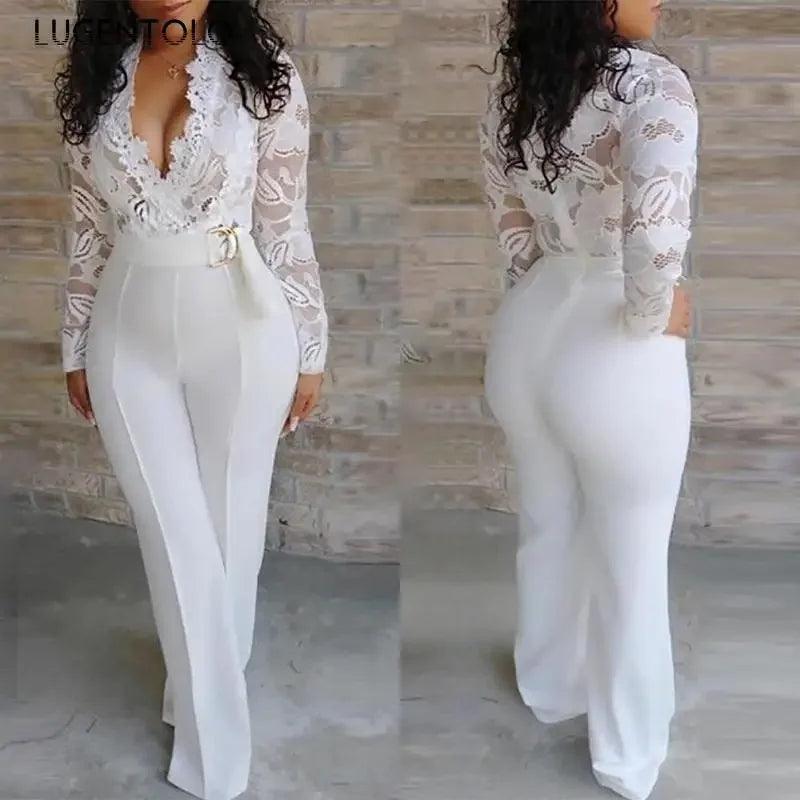 Women White Jumpsuit Lace Stitching Long Sleeve V-neck Large Size Wide Leg Pants Office Lady Jumpsuits for Woman Lugentolo-THAT FASHION STORE