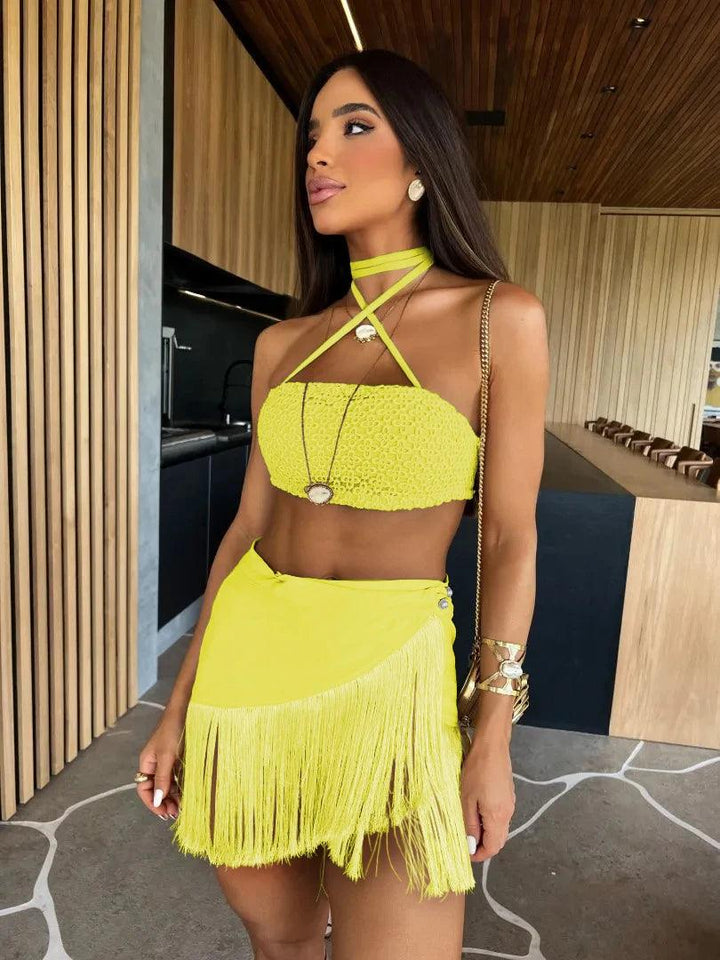 2024 Sexy Tassel Women Two Piece Skirt Halter Lace Bra Tassel Mini Skirt Suit Beach Vacation Casual Female Bathing Suit Summer-THAT FASHION STORE