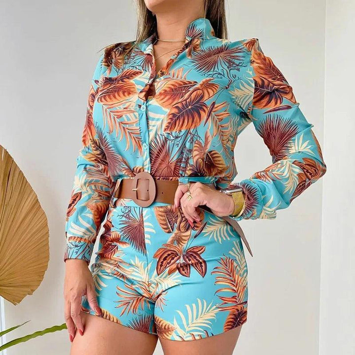 Womens Two Piece Sets Outfit Leaf Print Button Down Shirt & Shorts Set New Fashion 2023 Summer Casua Female Clothing Outfits-THAT FASHION STORE