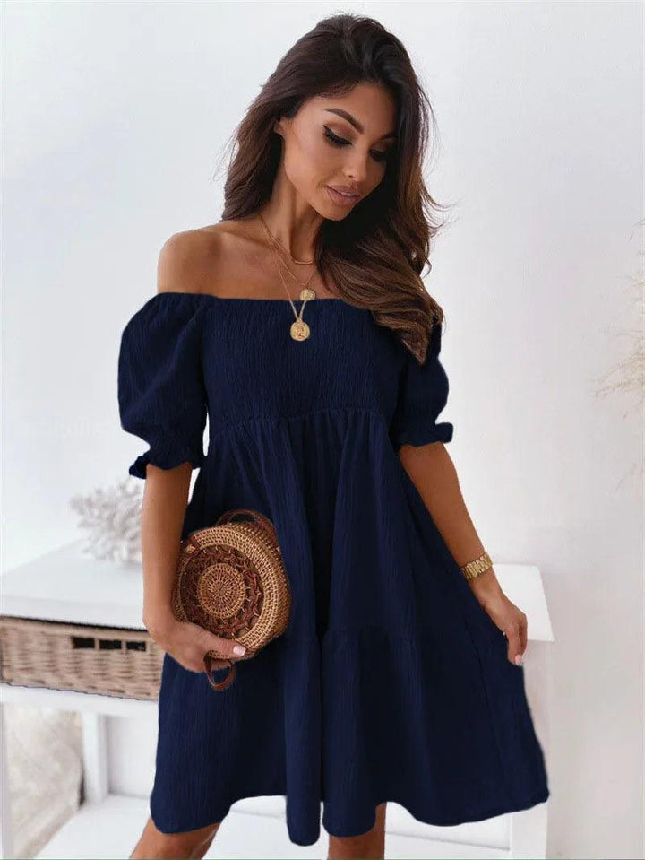 Women Sexy Dress Summer Ladies Beach Swing Off Shoulder Sundress Soild Casual Loose Pleated A-line Sun Dress-THAT FASHION STORE