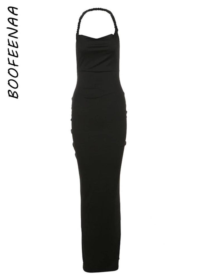 BOOFEENAA Twist Halter Neck Backless Long Dresses for Women Elegant Sexy Party Maxi Dress Purple Black Green Summer 2024 C83CB33-THAT FASHION STORE