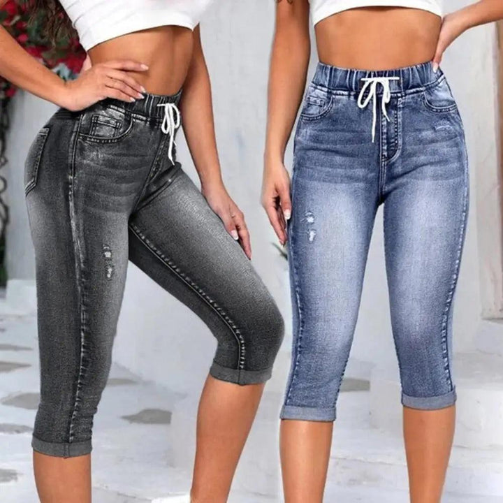 Women Cropped Jeans Elastic High Waist Drawstring Pockets Gradient Slim Fit Butt-lifted Ripped Calf-length Colorfast Men Pants-THAT FASHION STORE