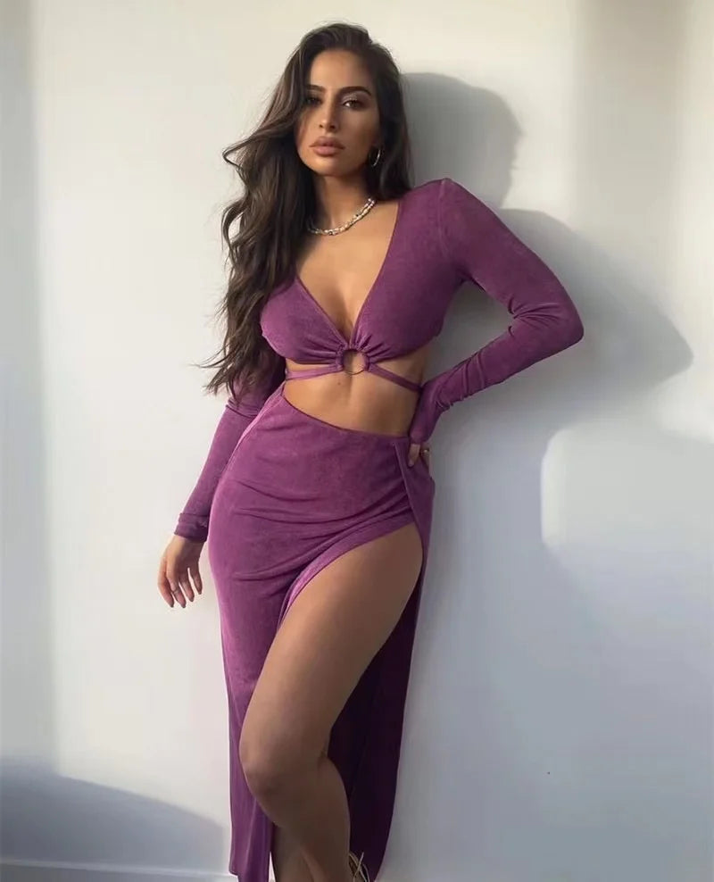 Elegant Summer Two-Piece Set: Long Sleeve Bandage Dress with Sexy Split Skirts for Women - THAT FASHION STORE