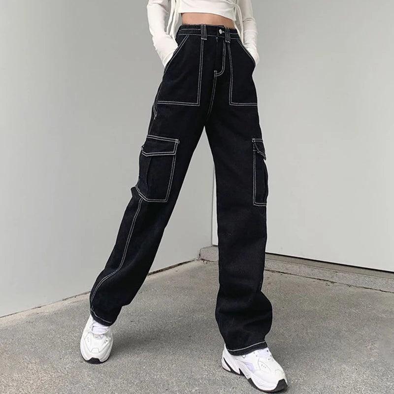 Streetwear Pockets Black Cargo Jeans Women High Waist Straight Denim Trousers Woman 2023 Harajuku Wide Leg Long Pants-THAT FASHION STORE