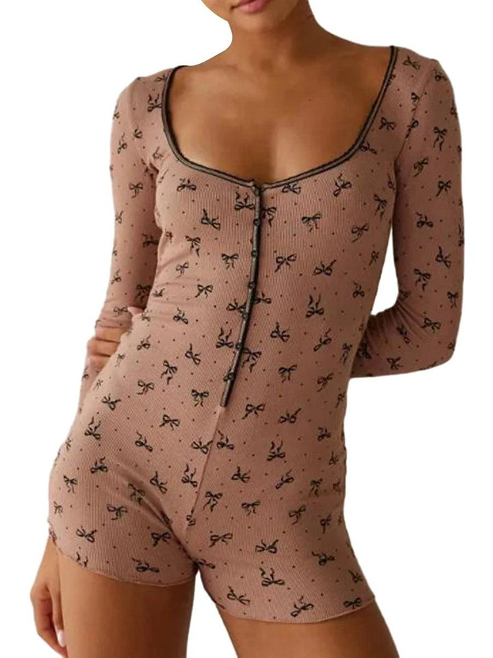 Kawaii Button Down Jumpsuit Pajamas y2k Aesthetic Bow Print Short Sleepwear Pajama Romper Female Long Sleeve Casual Overalls-THAT FASHION STORE