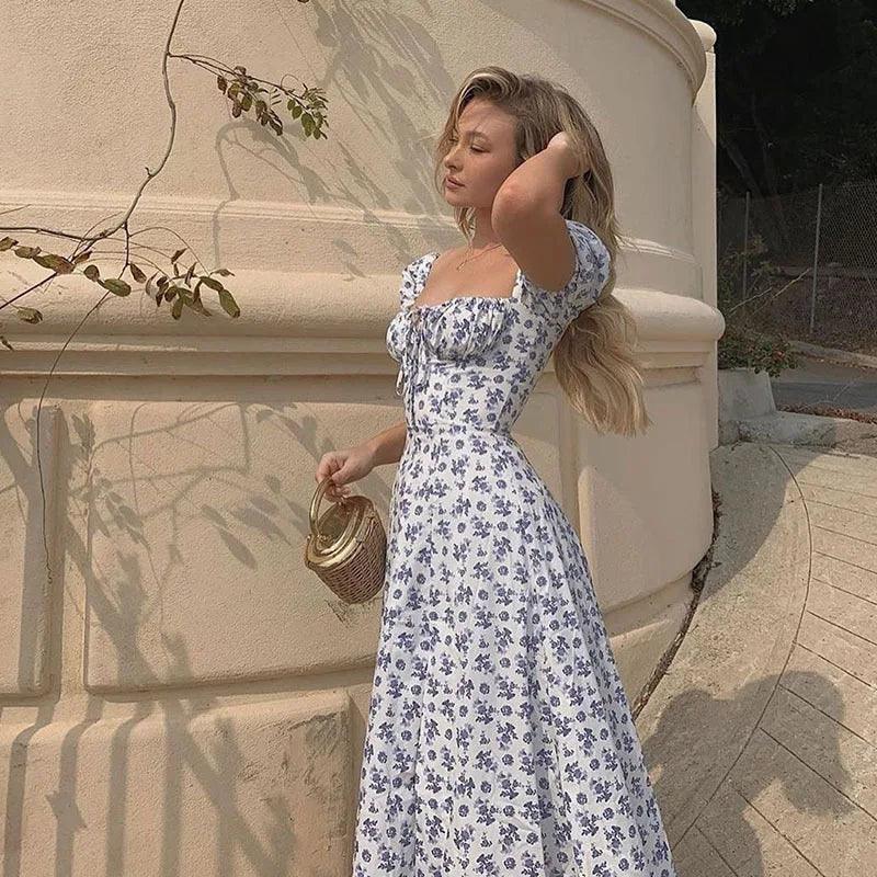 Y2k Vintage Blue Floral Dress Women Elegant Party Fashion Summer Puff Sleeve Sexy Split Long Dresses for Womens Aesthetic 2024-THAT FASHION STORE