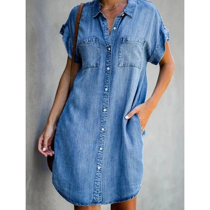 Summer New Single Breasted Denim Shirt Dress Women's Casual Loose Pocket Simple Retro Commuter Female Office Denim Short Skirt-THAT FASHION STORE