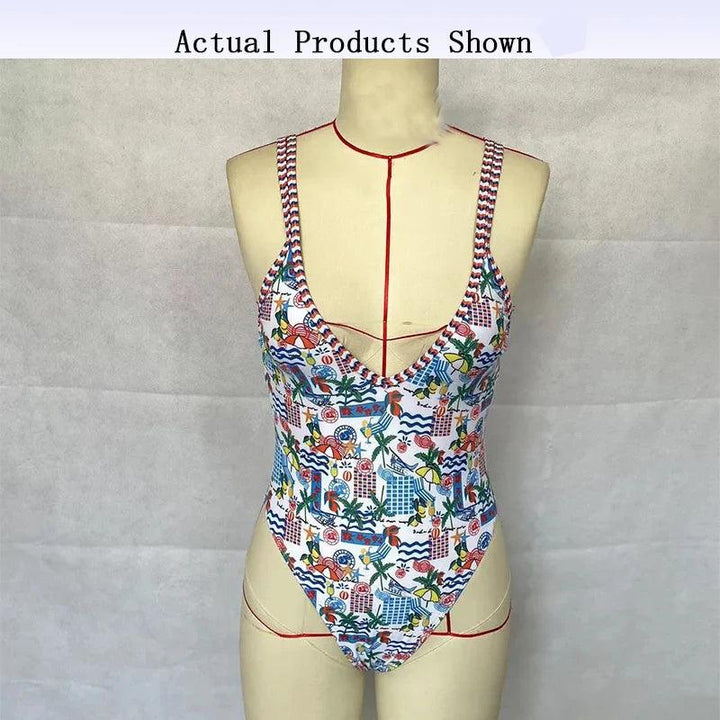 BEACHCICI-2023 Summer New Women's Printed Shoulder One-piece Swimsuit Sexy V-neck Solid Color Halter Neck Bikini-THAT FASHION STORE