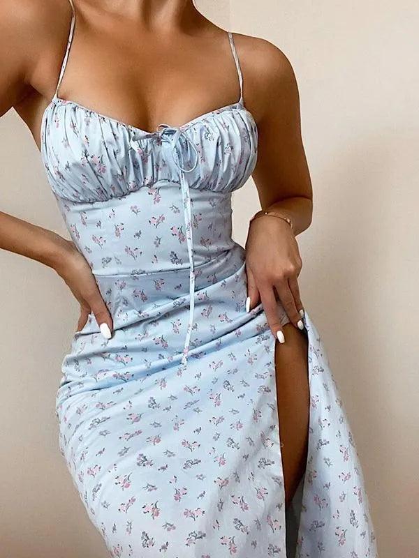 Hugcitar 2023 Sleeveless Satin Slip Floral Ruched Bandage Cut Out Maxi Dress Summer Women Fashion Sexy Party Club Robe Kpytomoa-THAT FASHION STORE