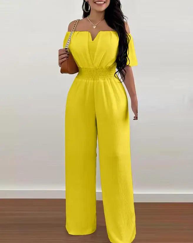 Jumpsuits for Women 2023 Spring Fashion Off Shoulder Casual Plain Short Sleeve Shirred Waist Daily Long Wide Leg Jumpsuit 2024-THAT FASHION STORE