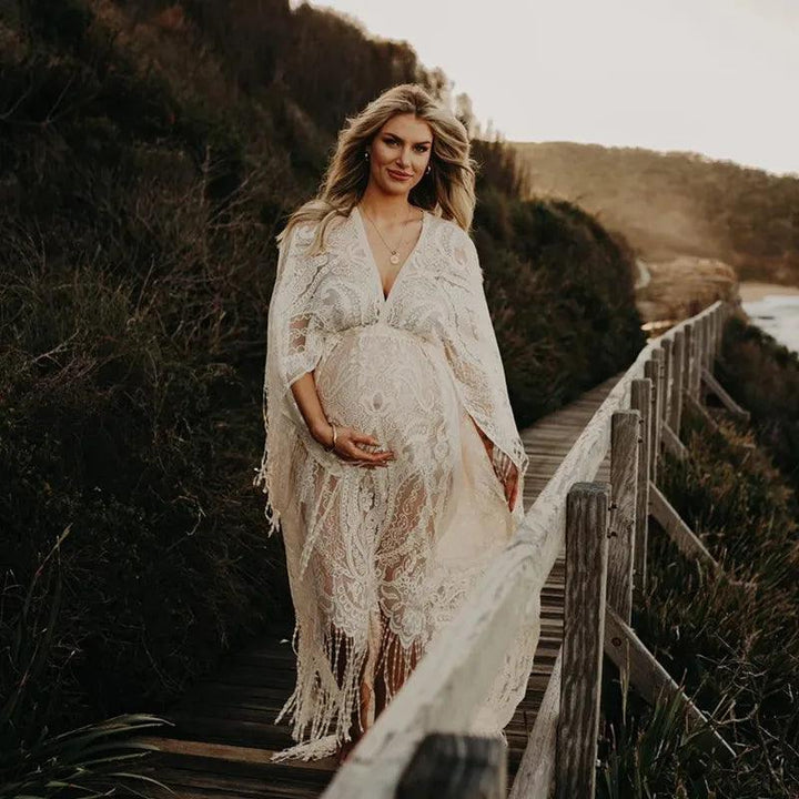 Boho Lace Maternity Photography Props Dresses Free Size Adjustable Pregnancy Photo Shoot Bohemian Long Dress Sides Slit-THAT FASHION STORE