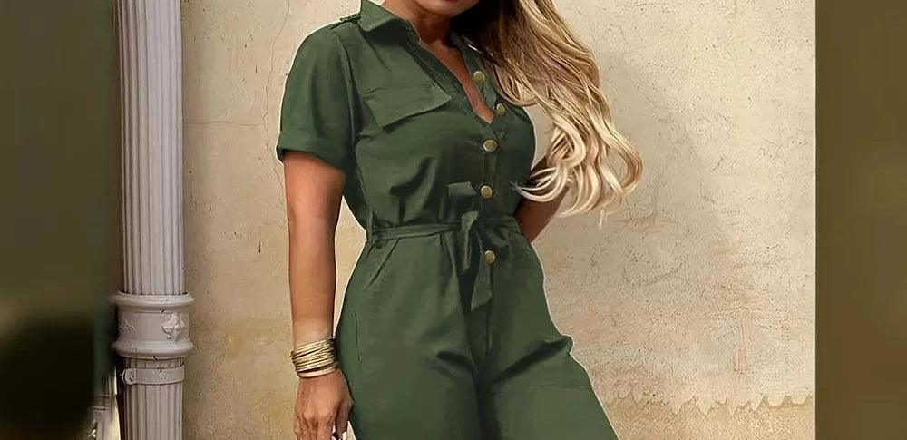 Elegant Jumpsuits for Women New 2024 Spring/Summer POLO Collar Short Sleeve Solid Color Lace Up Button Up Jump Suit for Female-THAT FASHION STORE