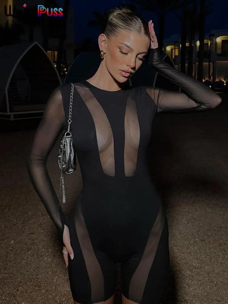 Weird Puss Mesh Sheer Women Romper Full Sleeve Round Neck Sexy One Pieces Bodycon 2023 Summer Trend Club Streetwear Rave Outfits-THAT FASHION STORE