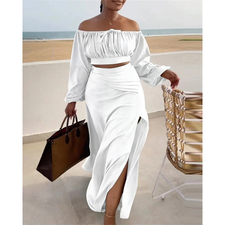 Women's Casual Two-Piece Off Shoulder Top and Half Skirt Set - 2023 Solid Color Leisurewear - THAT FASHION STORE