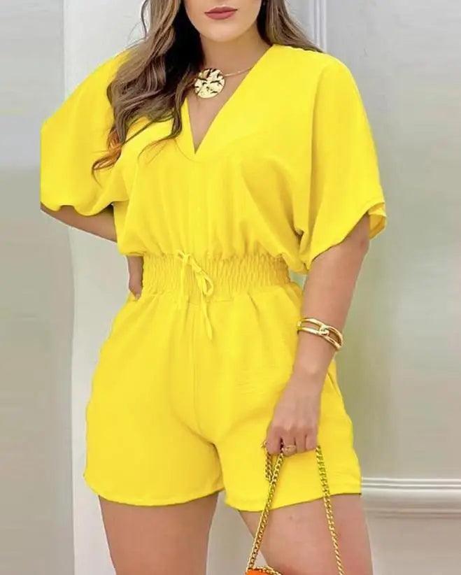 Jumpsuit Women 2023 Summer Fashion Batwing Sleeve Shirred Waist Casual Plain V-Neck Short Sleeve Above Knee Romper Streetwear-THAT FASHION STORE