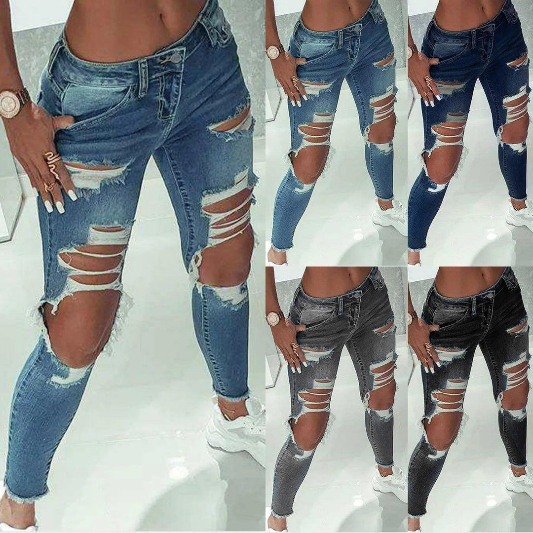 2023 New Women Fashion Mid Waist Boyfriend Big Ripped Hole Jeans Casual High Street Denim Pants Sexy Vintage Pencil Jeans-THAT FASHION STORE