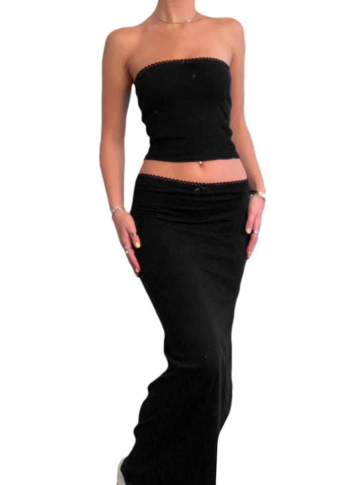 Y2K Inspired Women's Two-Piece Maxi Skirt Set with Crop Tube Top and Low Rise Bodycon Skirt for Night Out - THAT FASHION STORE