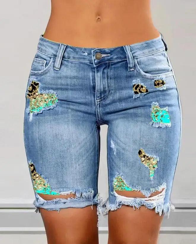 2023 Elegant Summer New Fashion Women's Colorblock Letter Print Ripped 2-In-1 Denim Skinny Shorts Female Casual Bottom-THAT FASHION STORE