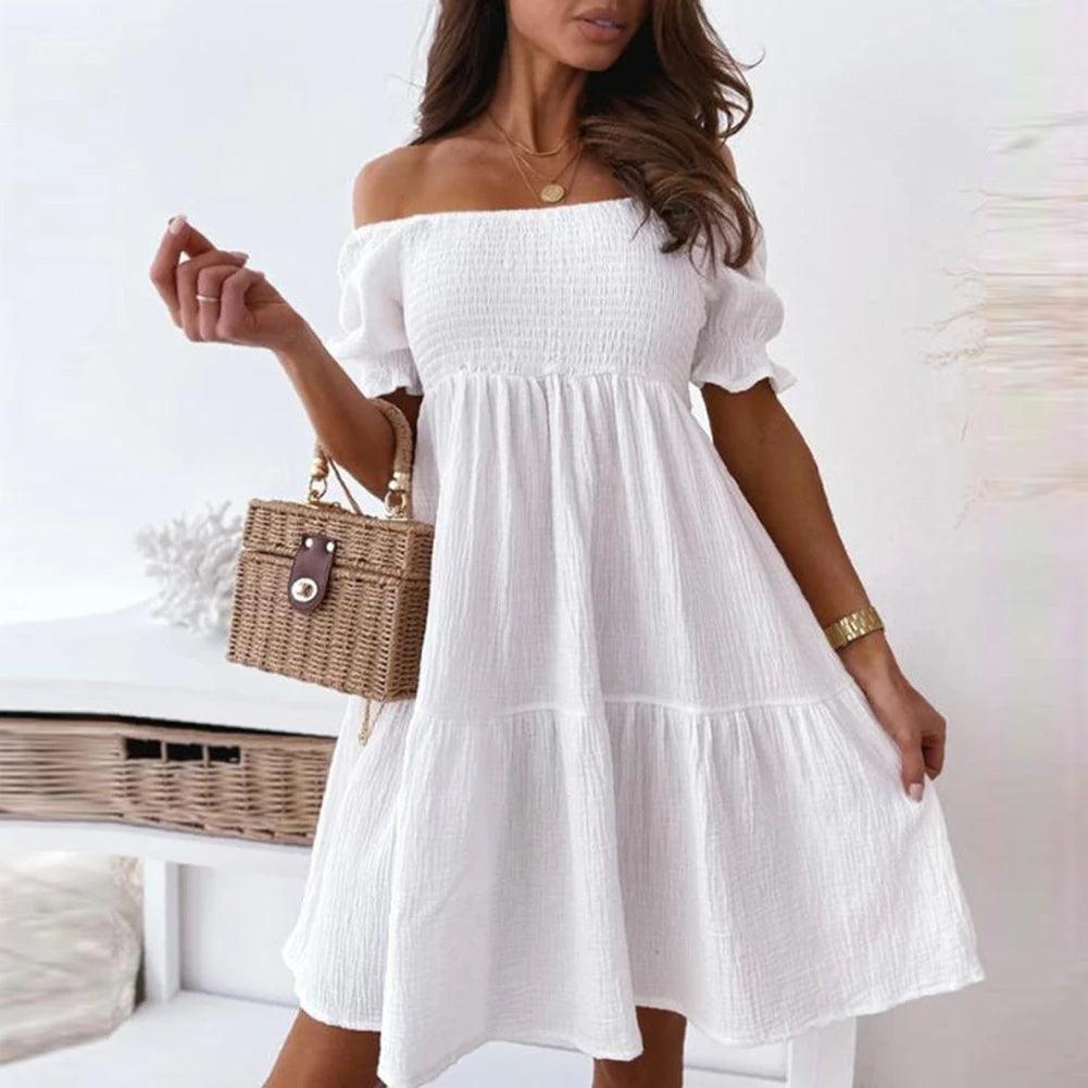 Women Sexy Dress Summer Ladies Beach Swing Off Shoulder Sundress Soild Casual Loose Pleated A-line Sun Dress-THAT FASHION STORE