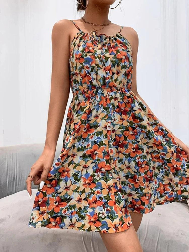 Sexy Floral Print Short Dress Women Summer Fashion Black Backless Beach Sundress Casual Sleeveless Lace-up New In Dresses 2024-THAT FASHION STORE