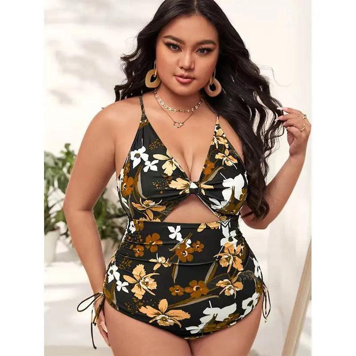 2024 New High Waisted Swiming Suits Plus Size Floral Print Cutout Drawstring Monokini One Piece Swimsuit Women-THAT FASHION STORE