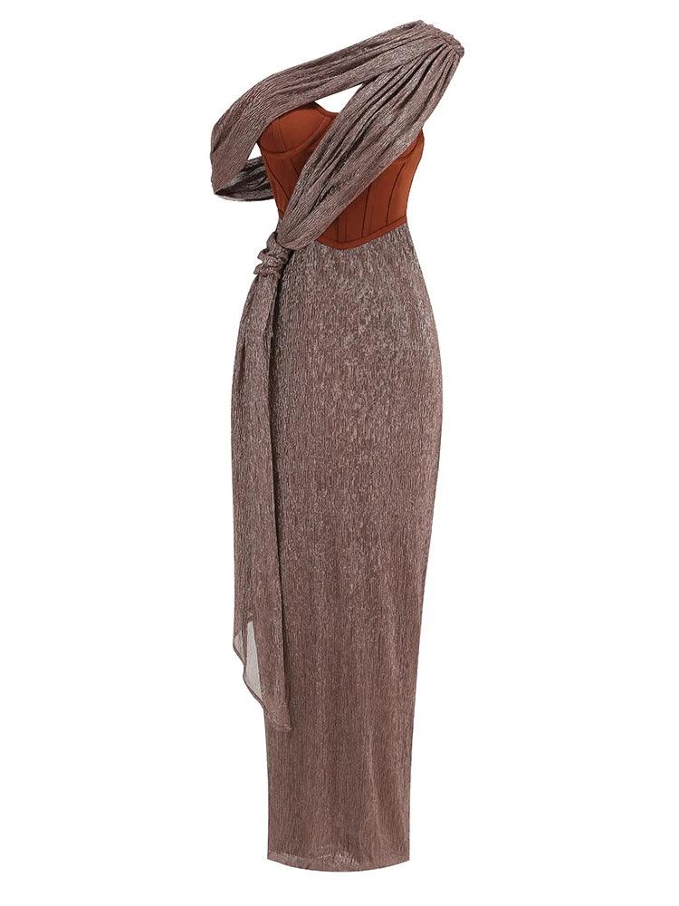 Sexy One Shoulder Draped Glitter Long Dress Women Brown Corset Sparkly Backless Bodycon Maxi Dresses Evening Party Gowns-THAT FASHION STORE