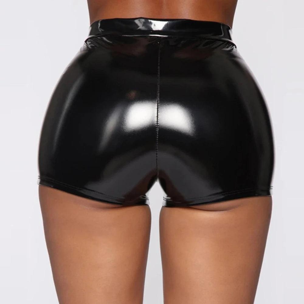 Women‘s Sexy Nightclub Costumes Skinny Shorts PU Leather Shorts High-Waist Solid Button Black Shorts Summer Wet Look Leather-THAT FASHION STORE