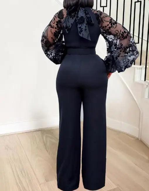 Jumpsuit Women 2023 Summer Fashion Lantern Sleeves Elegant Mock Neck Long Sleeve Tie Detail Daily Wide Leg Long Jumpsuit-THAT FASHION STORE