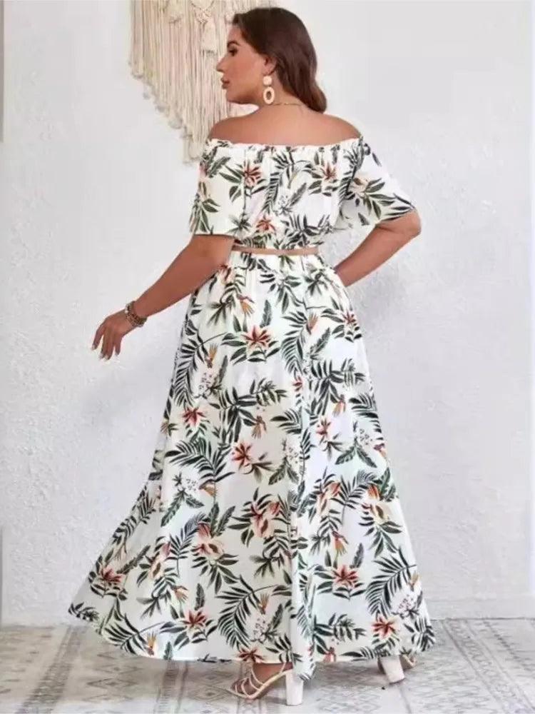 Plus Size Summer 2 Two Piece Set Women Off Shoulder Sexy Ladies Cropped Blouses Irregular Split Modis Ruffle Pleated Woman Skirt-THAT FASHION STORE